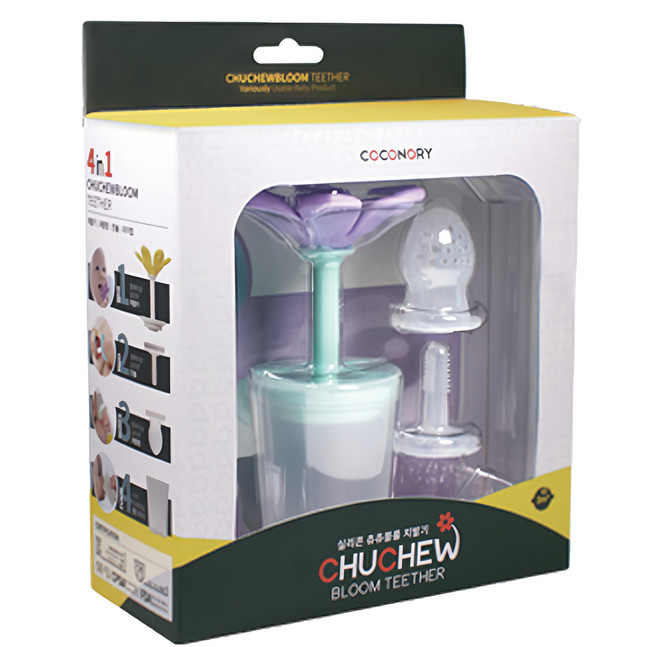 COCONORY 花朵造型固齒器四合一套裝組, 固齒器 + 底座扣蓋 + 副食品網袋 + 牙刷 + 水杯, 紫色, 1組