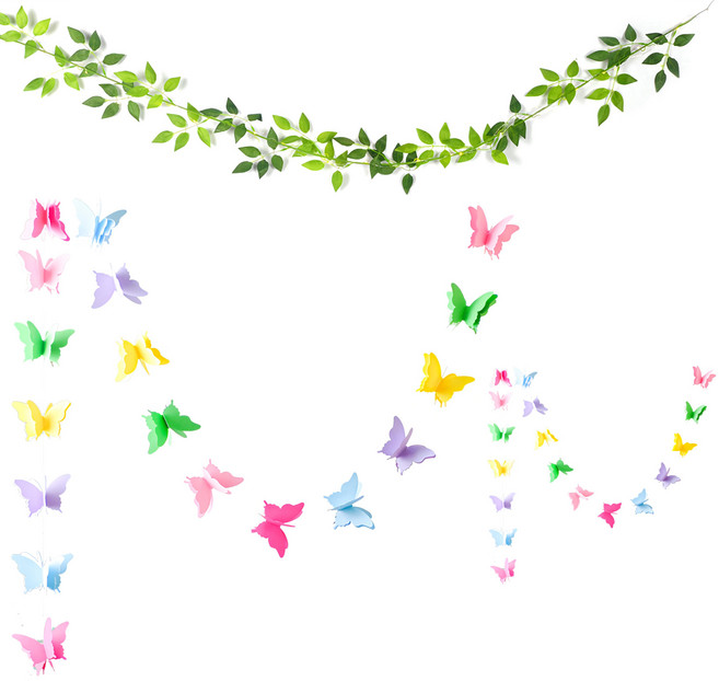 PARTYSHOW 蝴蝶拉旗 大型 2入 + 尤加利葉拉旗 橢圓葉 1.8m 套組, 1套, 彩虹色