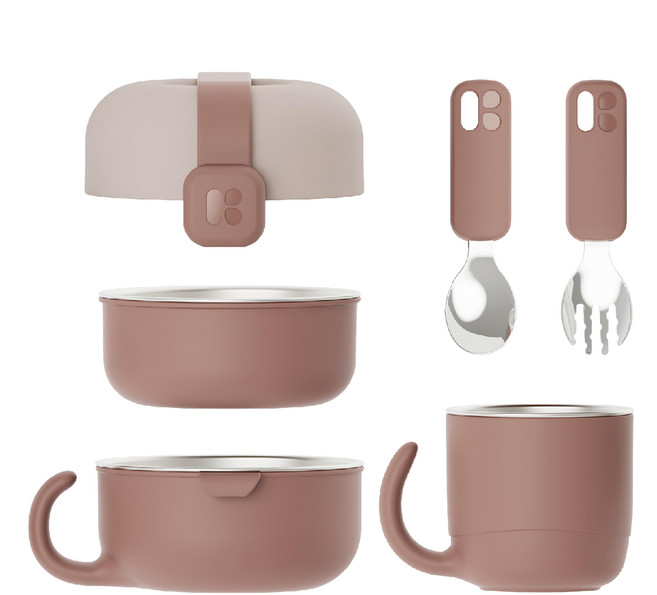 MOTHER-K Hug 外出豪華不鏽鋼餐具多件組 耐用抗腐, 1組, 蓋子 + 小碗 + 大碗 + 杯子 + 湯匙 + 叉子 + 固定帶, 乾燥玫瑰