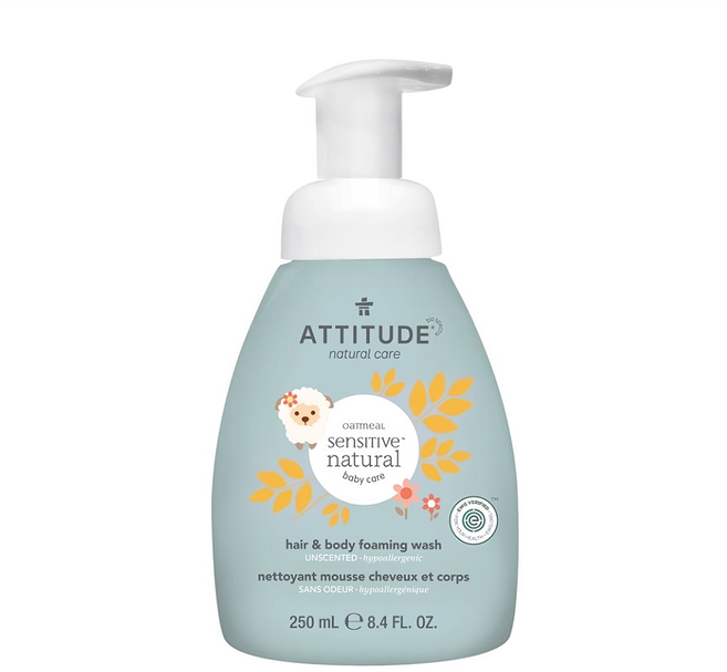 ATTITUDE 艾特優 寶寶敏感肌膚2合1泡沫洗髮沐浴精 無香精 250mL, 1瓶