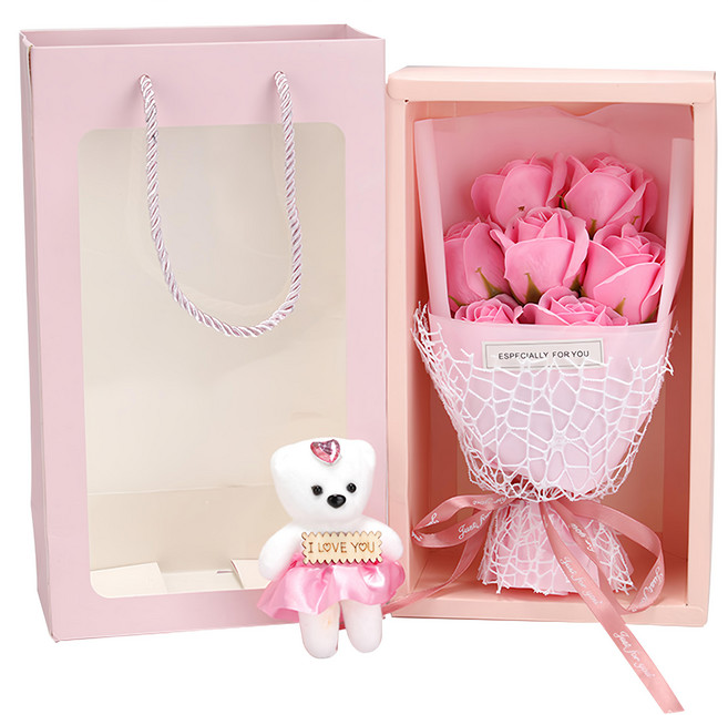 Mini嚴選 仿真7朵玫瑰小熊花束 附禮袋, 粉玫瑰, 1組