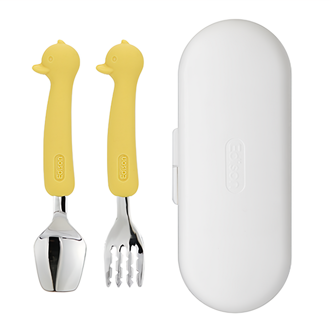 Edison 鴨子款矽膠柄兒童餐具組, 兒童湯匙 + 叉子 + 收納盒, Yellow, 1組
