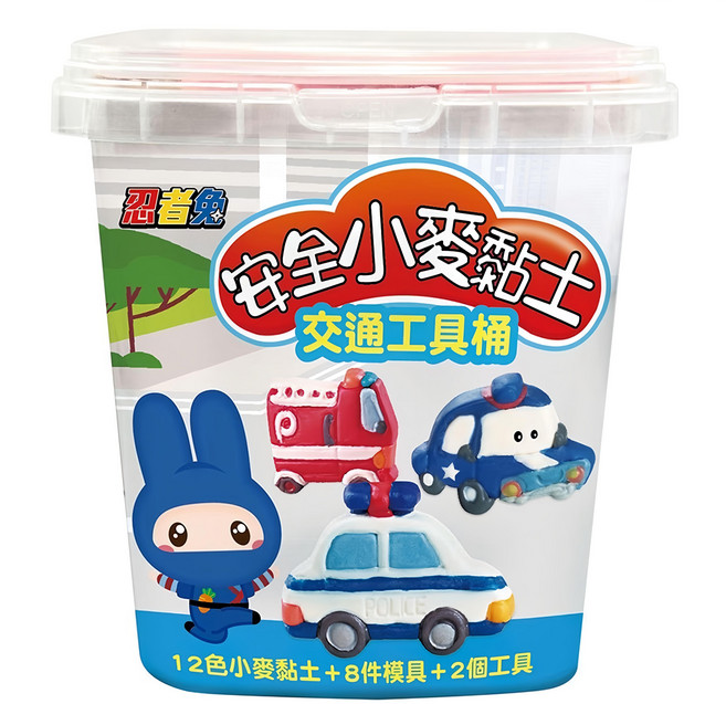 幼福 忍者兔安全小麥黏土 交通工具桶 12色小麥黏土 + 模具 8個 + 工具2個, 交通工具桶 多色, 1個