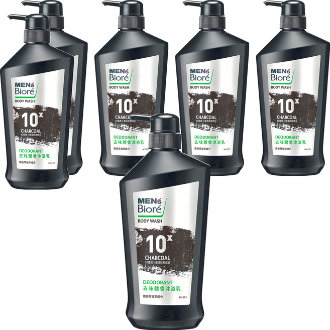 MEN's Biore 10倍炭男性專用去味體香沐浴乳 竹炭控油深層清潔 長時間清爽 麝香植萃沉穩木質香 專為油性肌膚設計, 750g, 6瓶