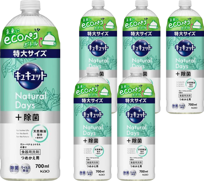 Kao 花王 Cucute 珂珂透 Natural Days 加強殺菌洗碗精補充瓶 馬鞭草 + 柑橘香, 700ml, 6瓶