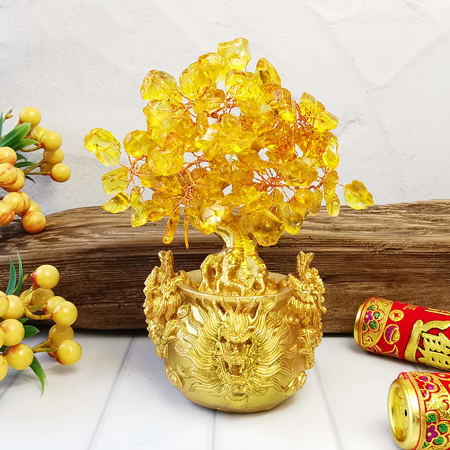 祥龍聚寶 發財樹 高約13cm*寬8cm, 黃水晶, 1個