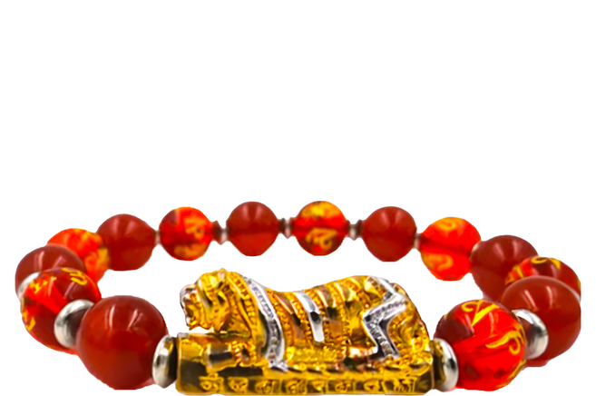 喜緣玉品 金虎爺發財咒旺運念珠 真金電鍍 金光閃閃, 紅瑪瑙, 1個