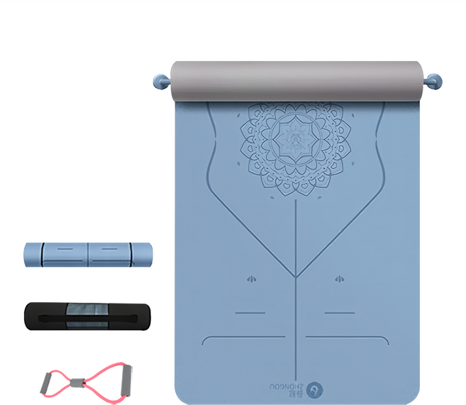 ZHONGOU 長紅 TPE加厚款正位線雙色瑜珈墊 TP68 贈綁帶+背袋+拉力繩或拍拍球(顏色款式隨機), 藍色, 1組