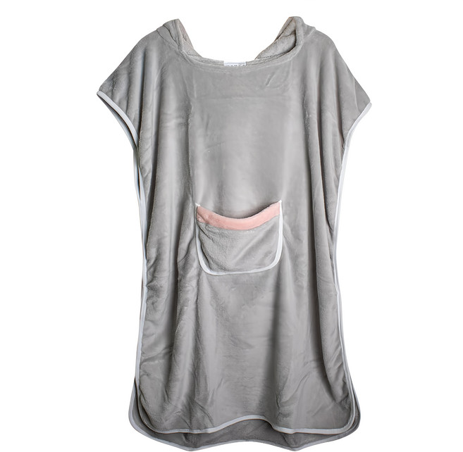 QIDINA 奇蒂可 超吸水粉嫩親子珊瑚絨浴衣浴巾 G 成人款, 浴巾淺灰色 + 口袋顏色隨機, 1件