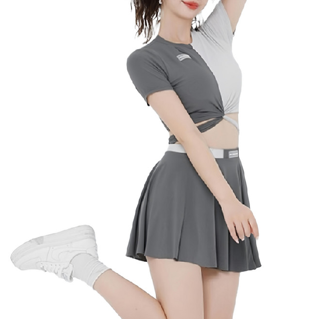 成人女生泳衣 交叉短袖分體褲裙套裝, 黑白相間