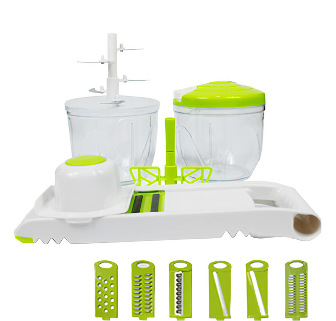 adora 多功能蔬菜切碎器 含切碎器、保管容器、刨刀底座、攪拌器、6個刨刀、蔬菜固定器 白色+綠色, 白色+綠色 多功能刨絲器組, 1組