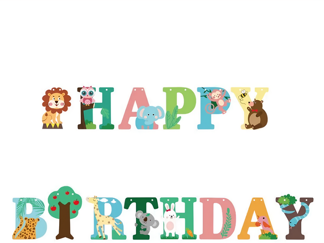 生日拉旗 總長約270cm 字母約16cm高, 1組, 可愛動物