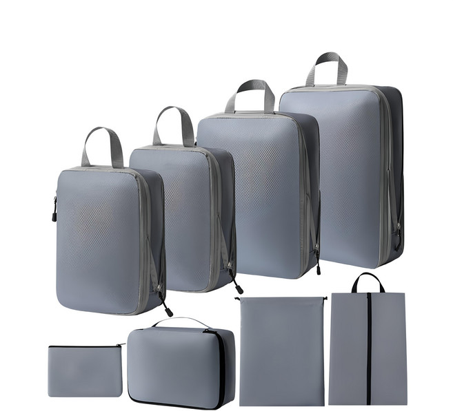 壓縮衣物收納袋/旅行衣物收納袋/雙層拉鏈收納袋8件組-灰色