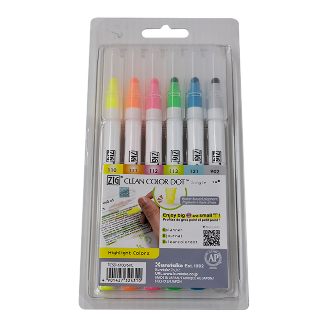 Kuretake 吳竹 6VC ZIG Clean Color Dot 單頭點點筆6入組 TCSD-6100, 螢光色, 1組