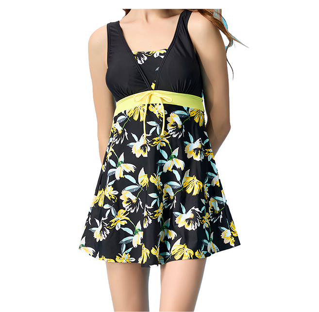 Summer love 夏之戀 大女連身帶裙 泳裙款 鋼圈款, 黑色 + 黃色