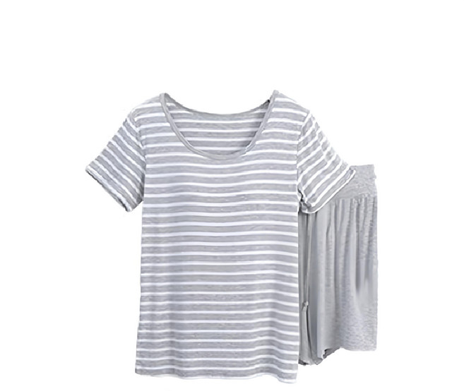 NEW FORCE Bra條紋短袖套裝 彈性材質 柔軟舒適 自帶胸墊 居家 褲裝設計 活動方便