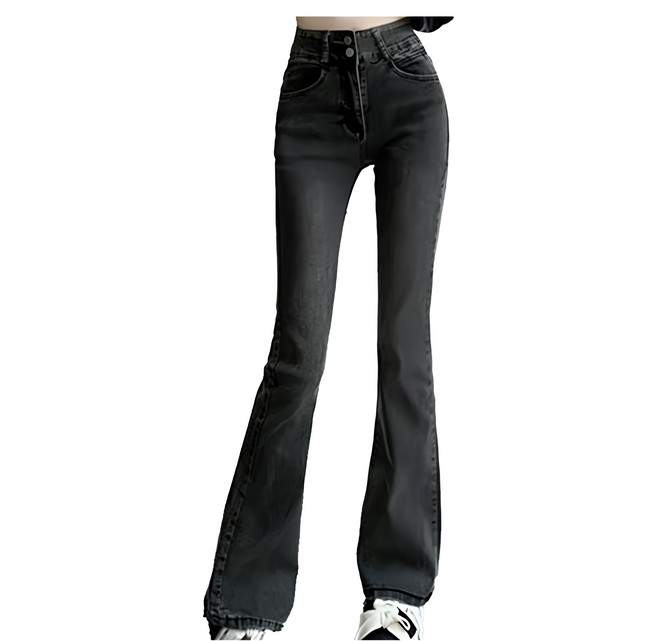 美式雙釦刷舊微喇叭牛仔長褲 HL6880