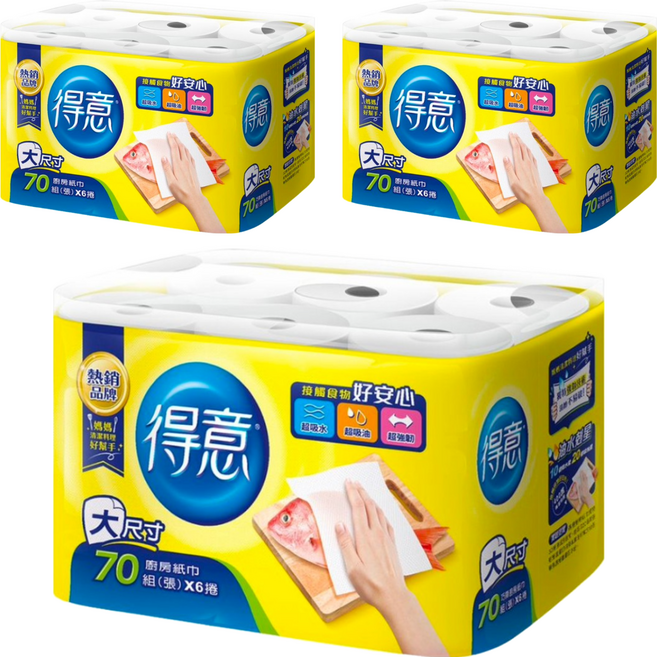 得意 捲筒式廚房紙巾 70張, 6捲, 3袋