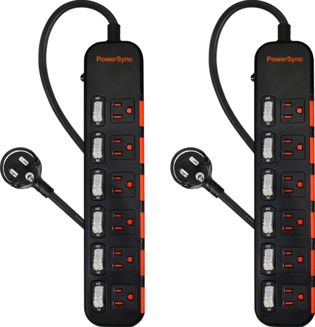 PowerSync 群加 6開6插安全防塵防雷擊延長線 3孔 TPS356DN0018, 1.8m, 黑色, 2個