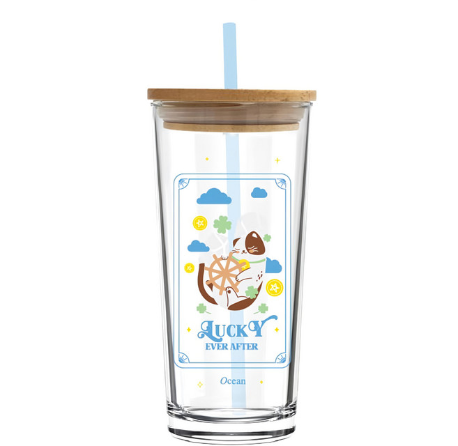 Ocean Glass 幸運貓刻度玻璃杯 附木蓋 + 吸管 - 570ml, 透明色, 1個