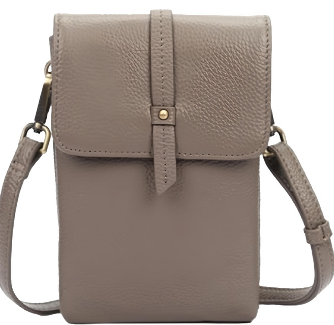 LB982 真皮頭層牛皮女士雙層肩揹手機包 - 灰色