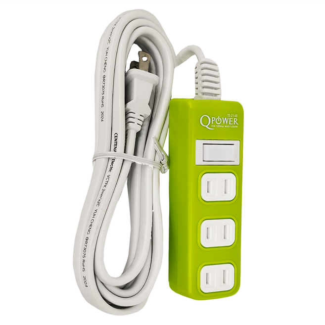 Tyson 太順電業 QPOWER 太超值 1開4插延長線插座 2孔 TS-214B, 2.7m, 萊姆色, 1條