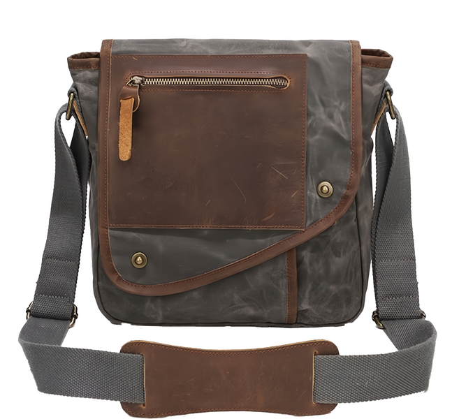 過蠟防潑水帆布配頭層瘋馬牛皮男士翻蓋豎款肩背包男包 CLB09, 灰色
