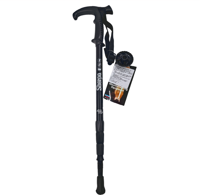 RHINO 犀牛 雪巴四節柺杖式登山杖 S781 6061鋁合金杖身 高級舒適握把 防滑底座, 黑色, 1支