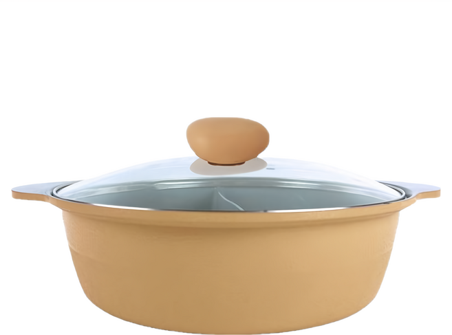 NEOFLAM 陶瓷鑄造鴛鴦鍋 含玻璃蓋 IH適用, 28cm, 香草雪酪, 1組