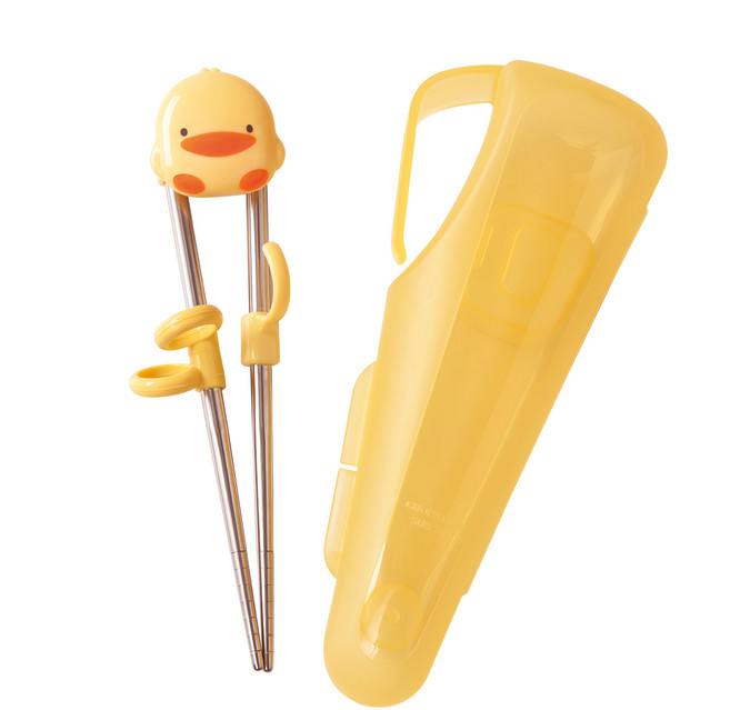 PiYOPiYO 黃色小鴨 不鏽鋼學習筷 + 收納盒 柔軟矽膠指套 無毒安全, 黃色, 1組