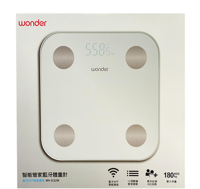 wonder 旺德電通 智能管家藍牙體重計 WH-SC02W 藍牙APP智能連接 12項數據管理健康 最大秤重180公斤, 1個