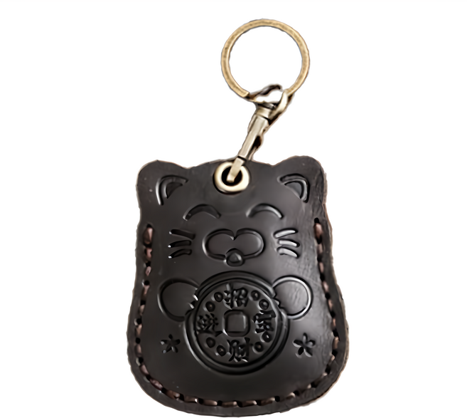 頭層牛皮門禁卡套鑰匙圈 招財貓 KB139 5.5 x 7cm, 黑色, 1個