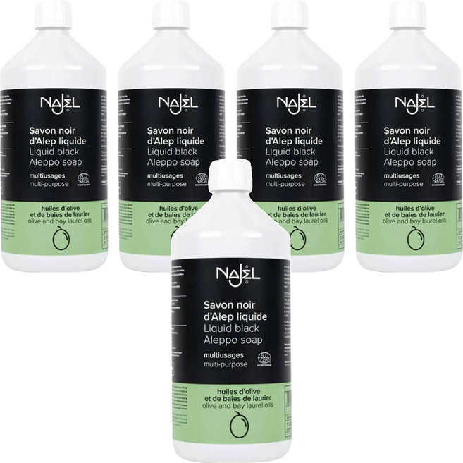 NAJEL 阿勒坡萬用神奇黑皂液 1L 橄欖油和月桂油製成 清潔和去除油脂 廚房/浴室/地板清潔, 5瓶