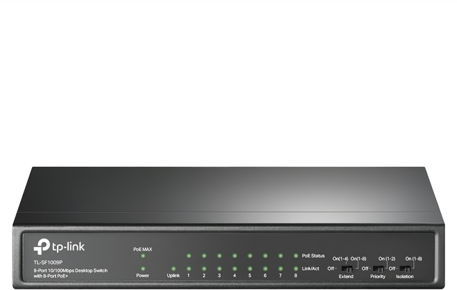 tp-link 9 埠 10/100Mbps 桌上型交換器 含 8 埠 PoE+, TL-SF1009P, 1個
