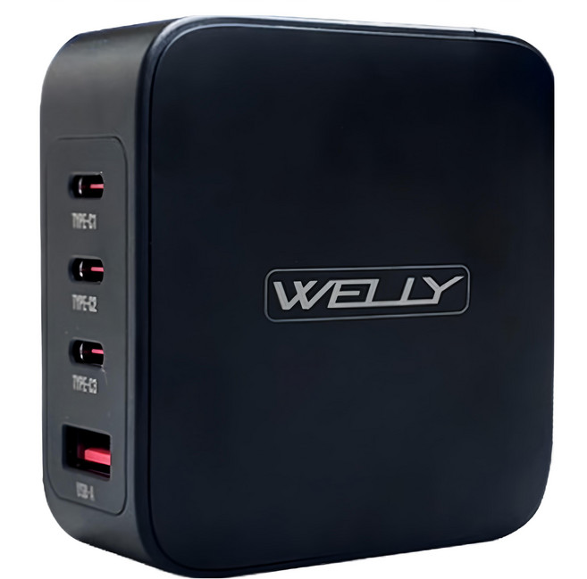 WELLY 威力 140W 4 Port USB-C Cable 充電組 充電器 PD+QC Fast Charging GaN Foldable Prongs 附充電線和收納袋 黑色 GAN07-140W