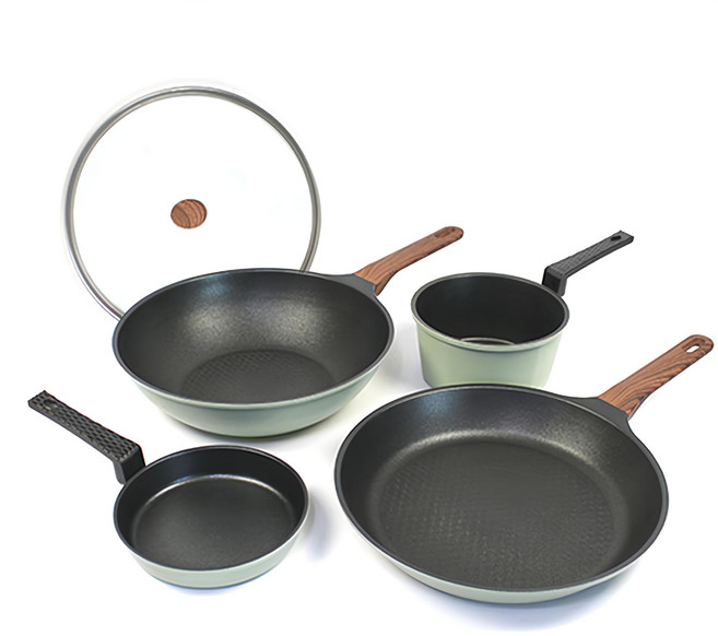 Kitchen-Art Modern系列 IH爐適用 不沾鍋五件組, 平底鍋28cm + 炒鍋28cm + 煎蛋鍋16cm + 單柄深鍋16cm + 玻璃鍋蓋28cm, 綠色, 1組