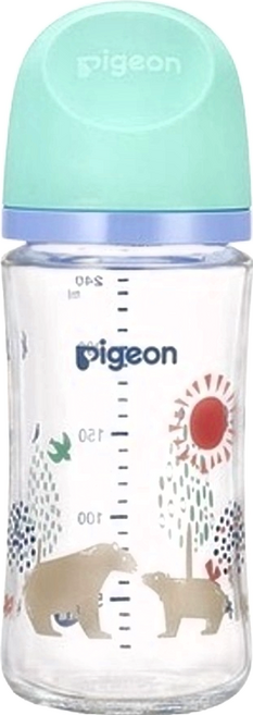 pigeon 貝親 三代母乳實感玻璃奶瓶, 1個, 北極熊 綠色 + 透明色, 240ml