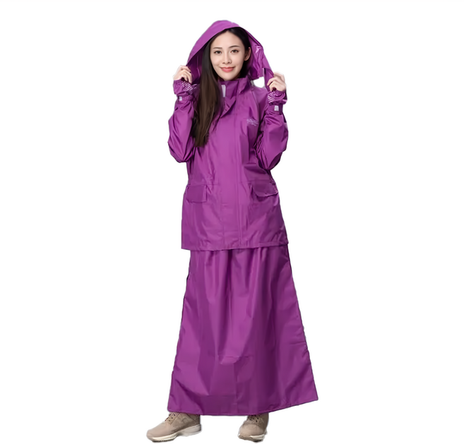 DongShen 東伸 裙襬搖搖女仕型套裝雨衣 晴雨防風防寒防曬三用 輕量型防水快乾布料 背面3M反光飾條 立體剪裁可拆式雨帽