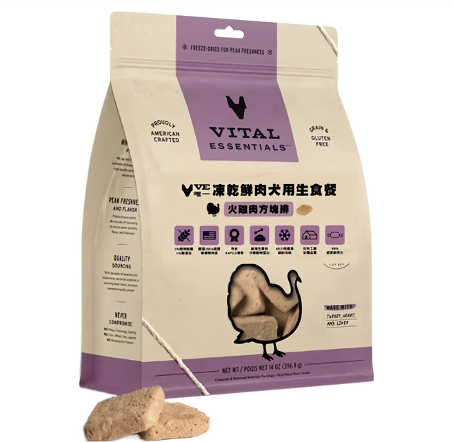 VITAL ESSENTIALS 凍乾鮮肉生食餐 犬用 牛火雞肉方塊排 14oz, 火雞, 396.9g, 1包