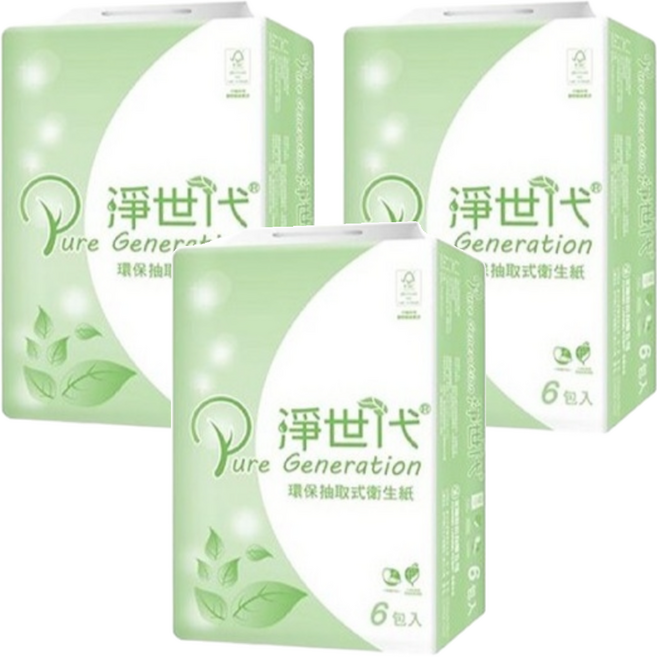 淨世代環保衛生紙抽取式 高溫殺菌 無漂白 使用再生紙漿, 6包, 3袋