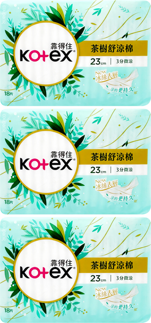 Kotex 靠得住 茶樹舒涼 涼感衛生棉 3分微涼 護翼型, 日用一般型 23cm, 18片, 3包