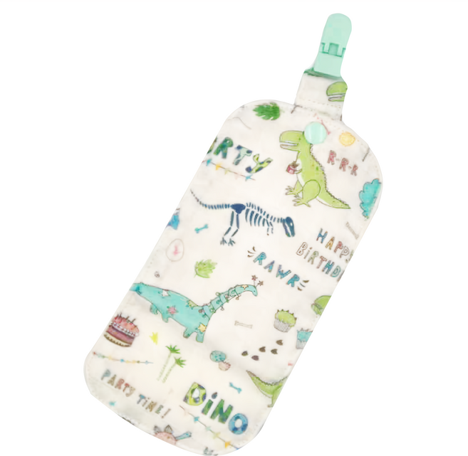 Lianne Baby 梨安舞兜小裁縫 手帕夾 韓國二重紗+韓國吸水毛巾布 尺寸: 寬28公分 x 12公分, 恐龍派對 米色, 1個