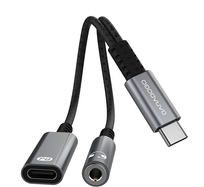 BARABOGO USB Type-C 耳機 PD 30W 快速充電 雙頭轉接器 3.5mm 14.5cm 灰色, A15-1, 1條