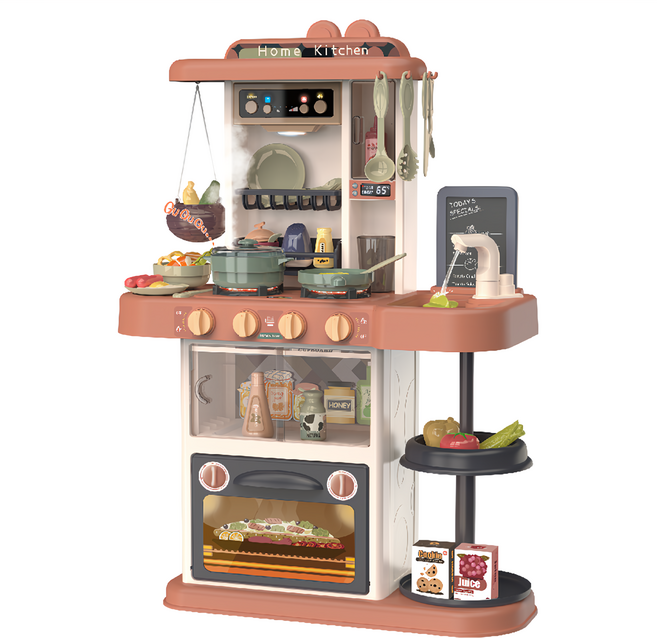 KiKimmy 聲光噴霧廚房玩具 43件組 煮飯真實感 仿真蒸氣效果 可拆收納, 橘色, 1盒