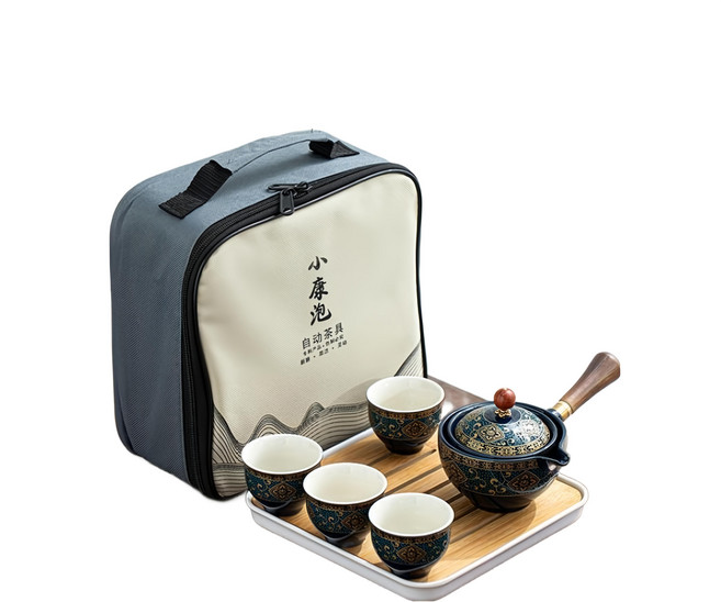 小康泡 360度旅行包茶具組, 茶壺 + 4個杯子 + 收納包, 柴燒龍紋, 1組