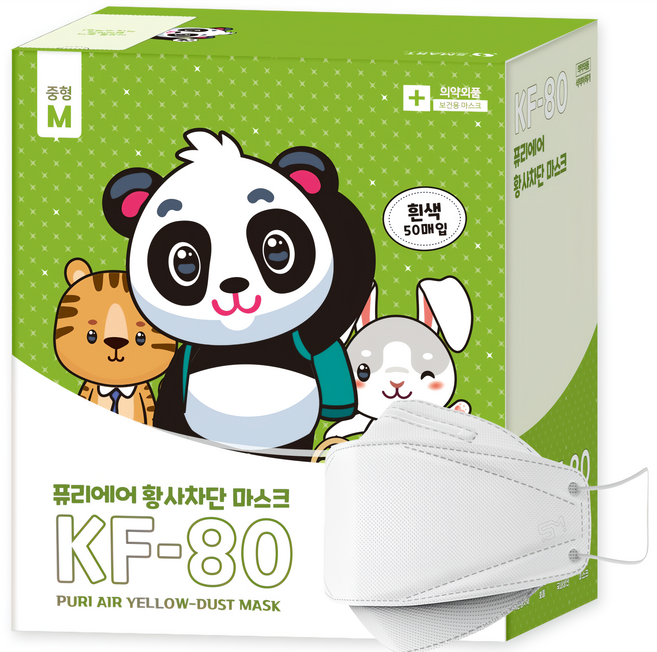 숨쉬기 편한 퓨리에어 황사차단 마스크 KF80 중형 흰색 50매입 개별포장 국내생산, 1개