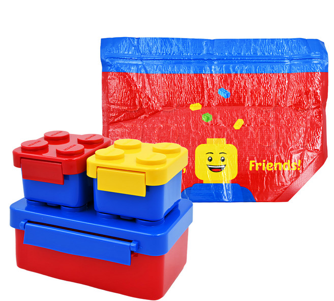 OXFORD 積木造型便當盒組 混色 便當盒 15*9.5*6.8cm*1入+迷你便當盒 7.3*6.7*5cm*2入+保冷袋 紅色*1入, 多色, 1組