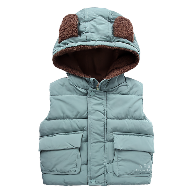 兒童款 秋冬加絨熊耳朵背心外套 聚酯纖維