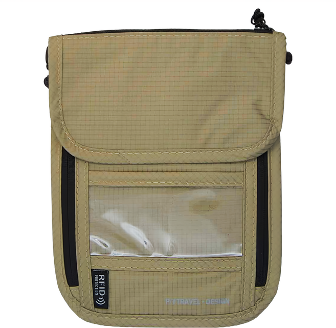 P.travel 斜背防盜包 RFID防盜材質 多功能收納 耐磨防水材質 可調節背帶, 卡其色