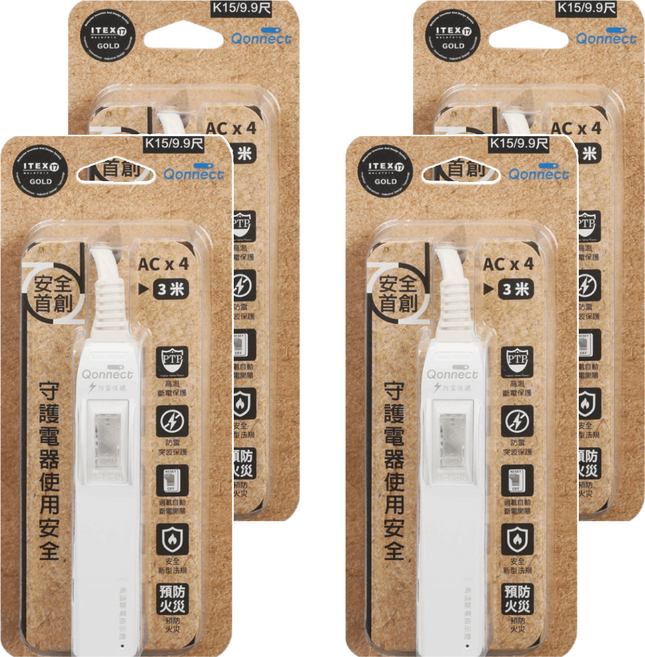 Qonnect 1開4插2P高溫斷電延長線, 1m, 白色, 4條